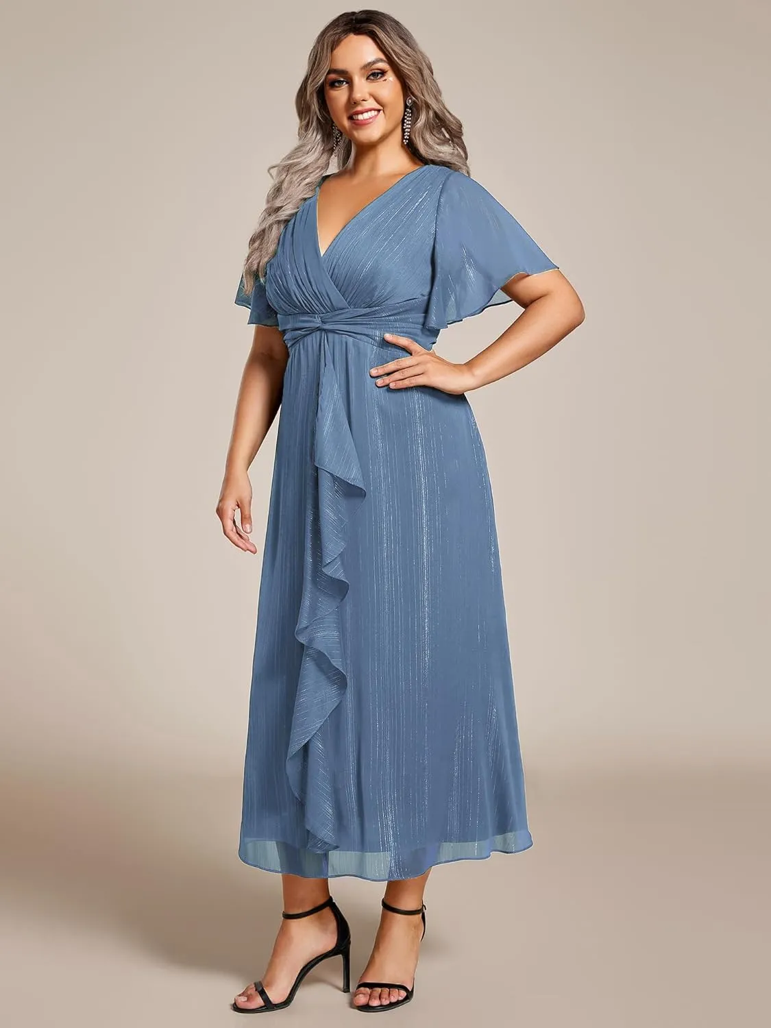 Ever-Pretty Plus Women's V Neck Pleated Plus Size Short Sleeves A Line Midi Semi Formal Dresses 02131-DA