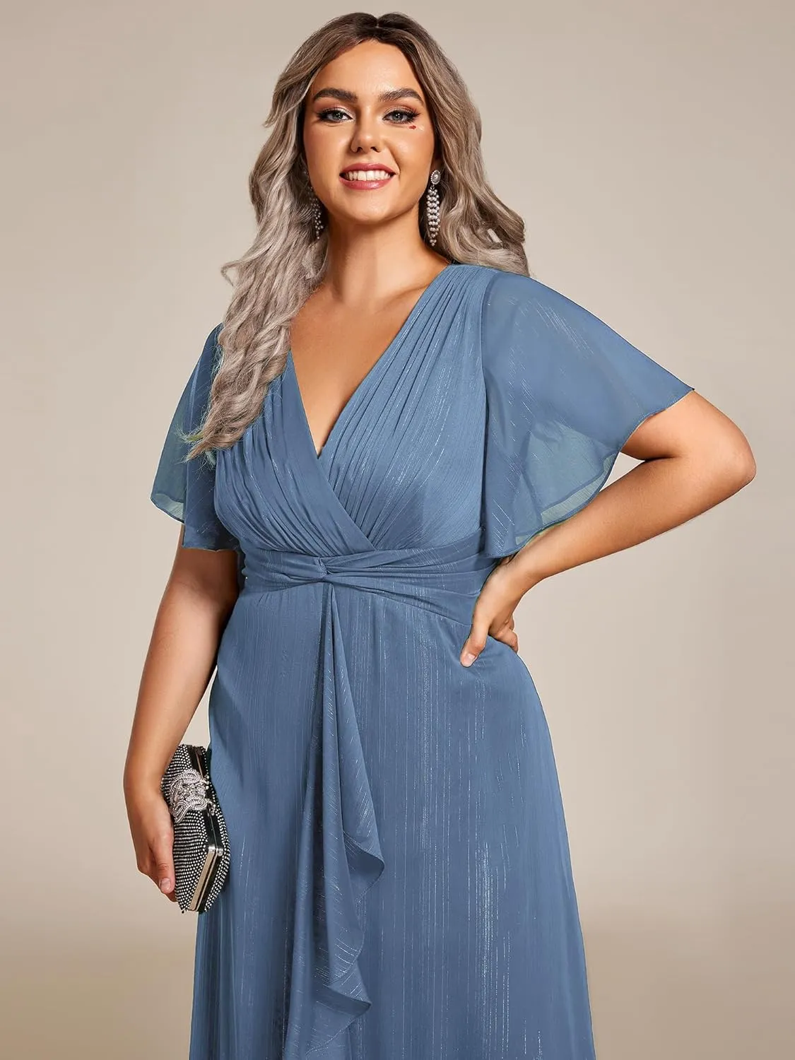 Ever-Pretty Plus Women's V Neck Pleated Plus Size Short Sleeves A Line Midi Semi Formal Dresses 02131-DA
