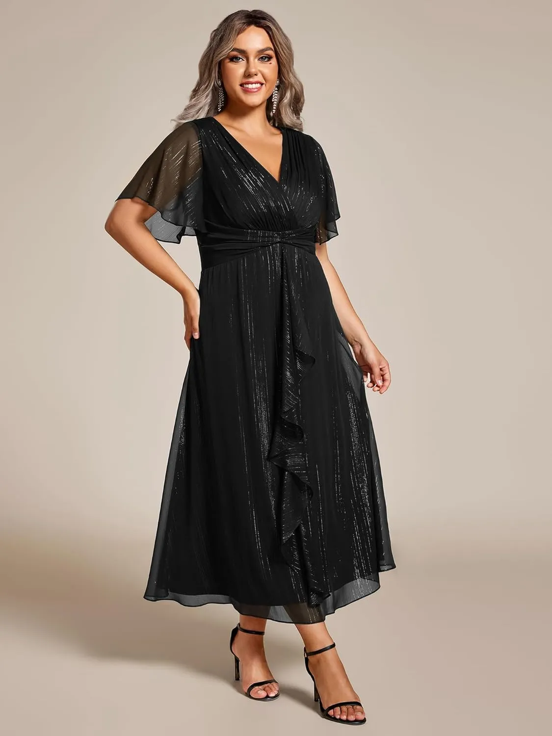Ever-Pretty Plus Women's V Neck Pleated Plus Size Short Sleeves A Line Midi Semi Formal Dresses 02131-DA