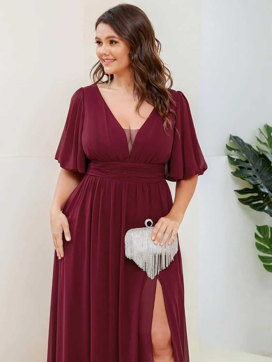 Ever-Pretty Plus Womens V-Neck Puffy Sleeves Empire Waist Ruched Bust A-Line Slit Maxi Plus Size Formal Dress