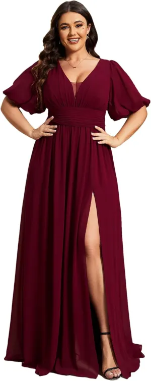 Ever-Pretty Plus Womens V-Neck Puffy Sleeves Empire Waist Ruched Bust A-Line Slit Maxi Plus Size Formal Dress