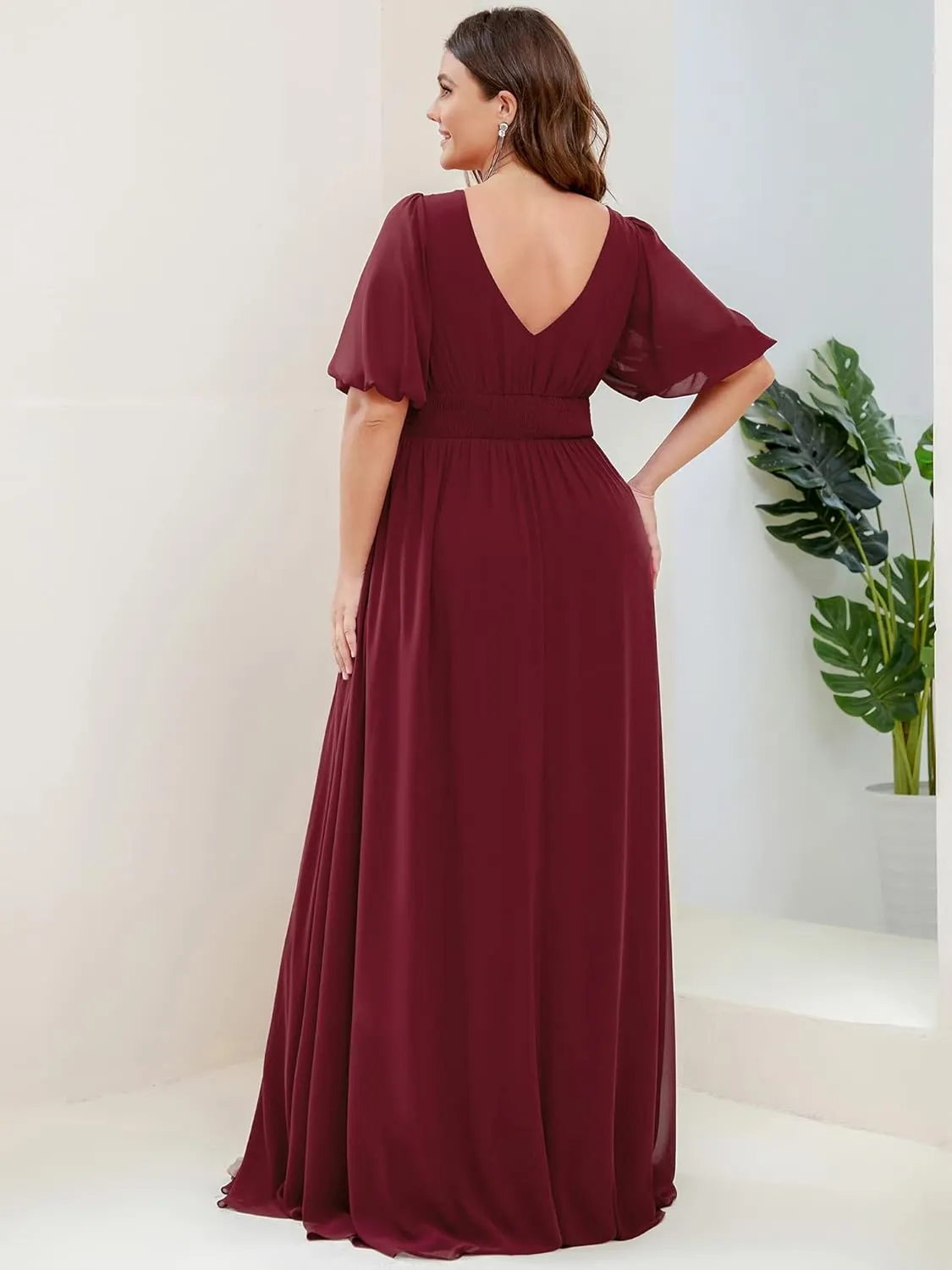 Ever-Pretty Plus Womens V-Neck Puffy Sleeves Empire Waist Ruched Bust A-Line Slit Maxi Plus Size Formal Dress