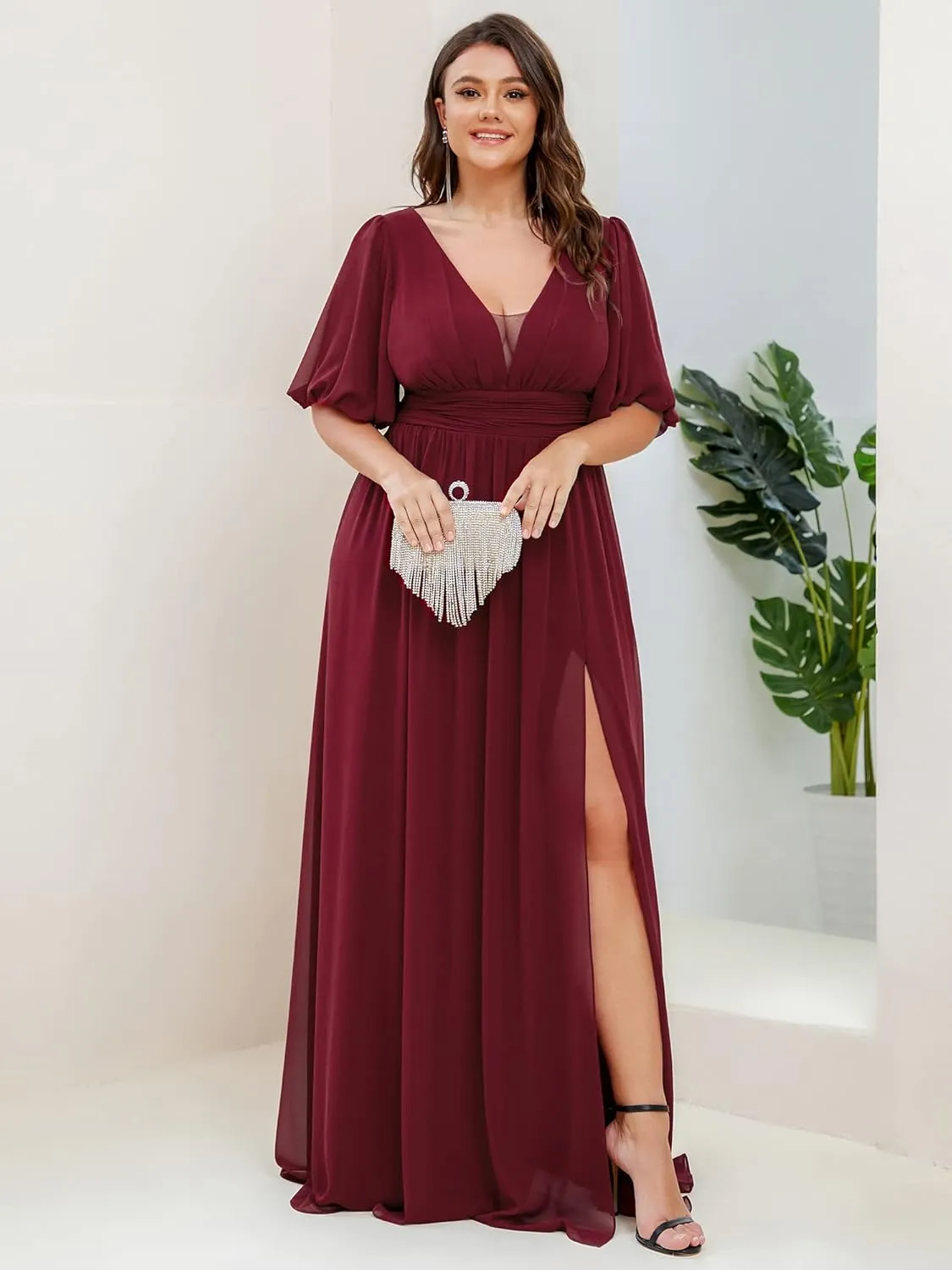 Ever-Pretty Plus Womens V-Neck Puffy Sleeves Empire Waist Ruched Bust A-Line Slit Maxi Plus Size Formal Dress