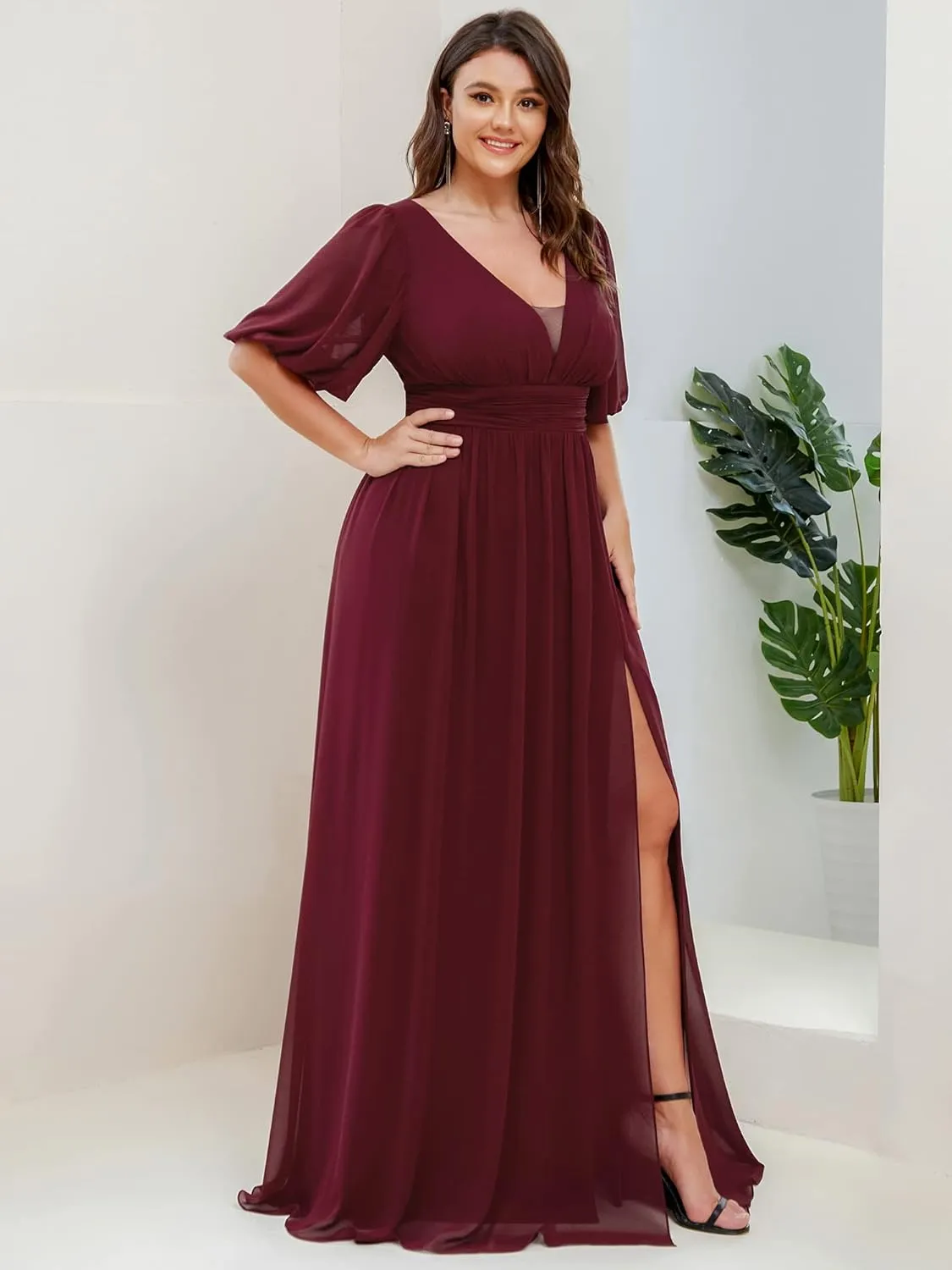 Ever-Pretty Plus Womens V-Neck Puffy Sleeves Empire Waist Ruched Bust A-Line Slit Maxi Plus Size Formal Dress