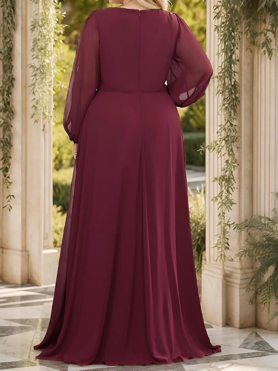 Ever-Pretty V Neck Long Sleeves Applique Chiffon Plus Size Floor Length Formal Evening Dresses for Curvy Women 00461-DA
