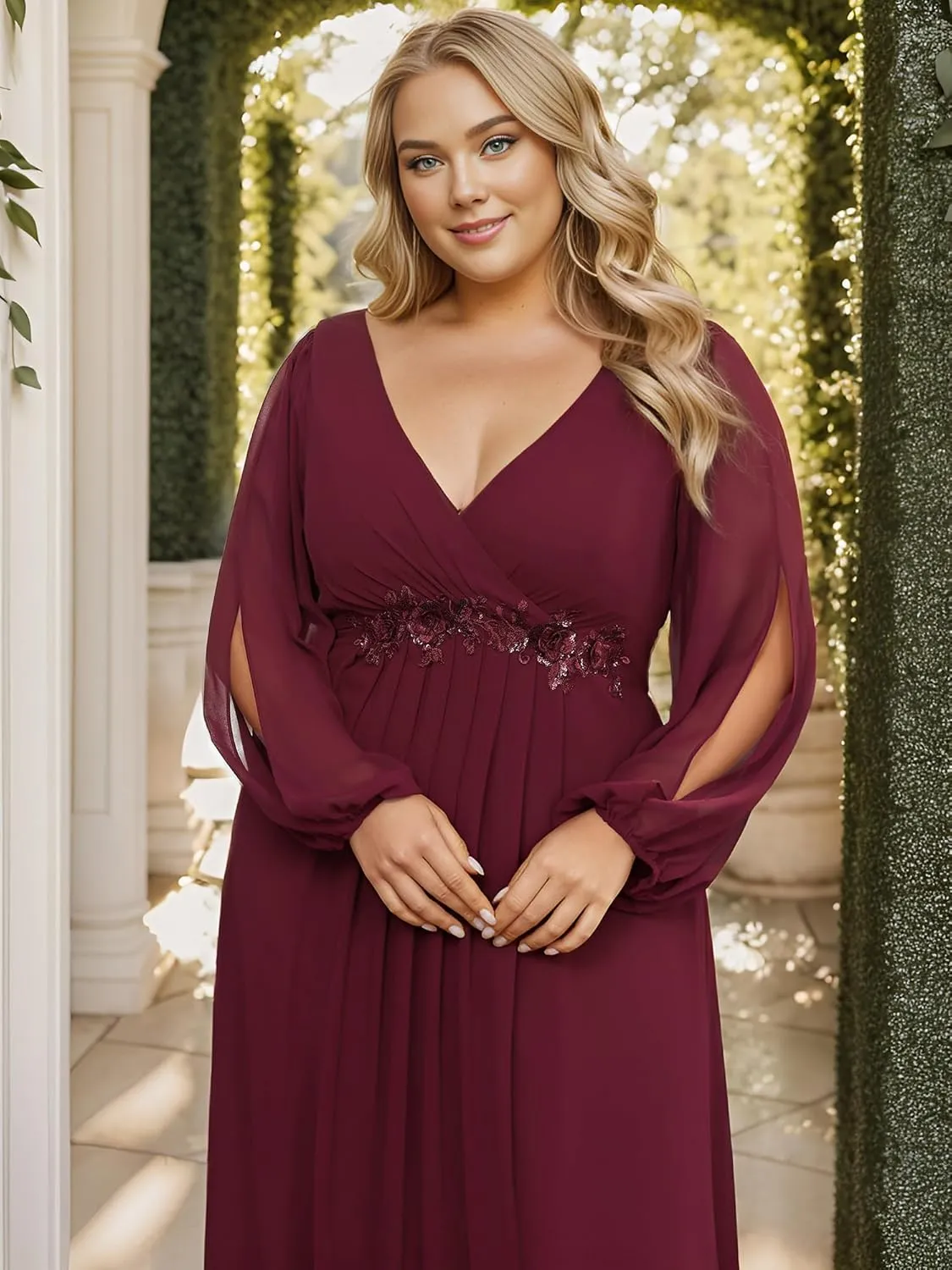 Ever-Pretty V Neck Long Sleeves Applique Chiffon Plus Size Floor Length Formal Evening Dresses for Curvy Women 00461-DA