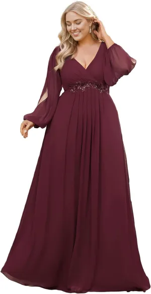 Ever-Pretty V Neck Long Sleeves Applique Chiffon Plus Size Floor Length Formal Evening Dresses for Curvy Women 00461-DA