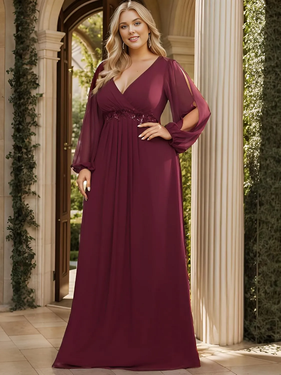 Ever-Pretty V Neck Long Sleeves Applique Chiffon Plus Size Floor Length Formal Evening Dresses for Curvy Women 00461-DA
