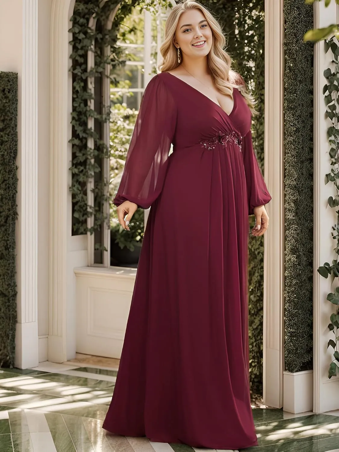 Ever-Pretty V Neck Long Sleeves Applique Chiffon Plus Size Floor Length Formal Evening Dresses for Curvy Women 00461-DA