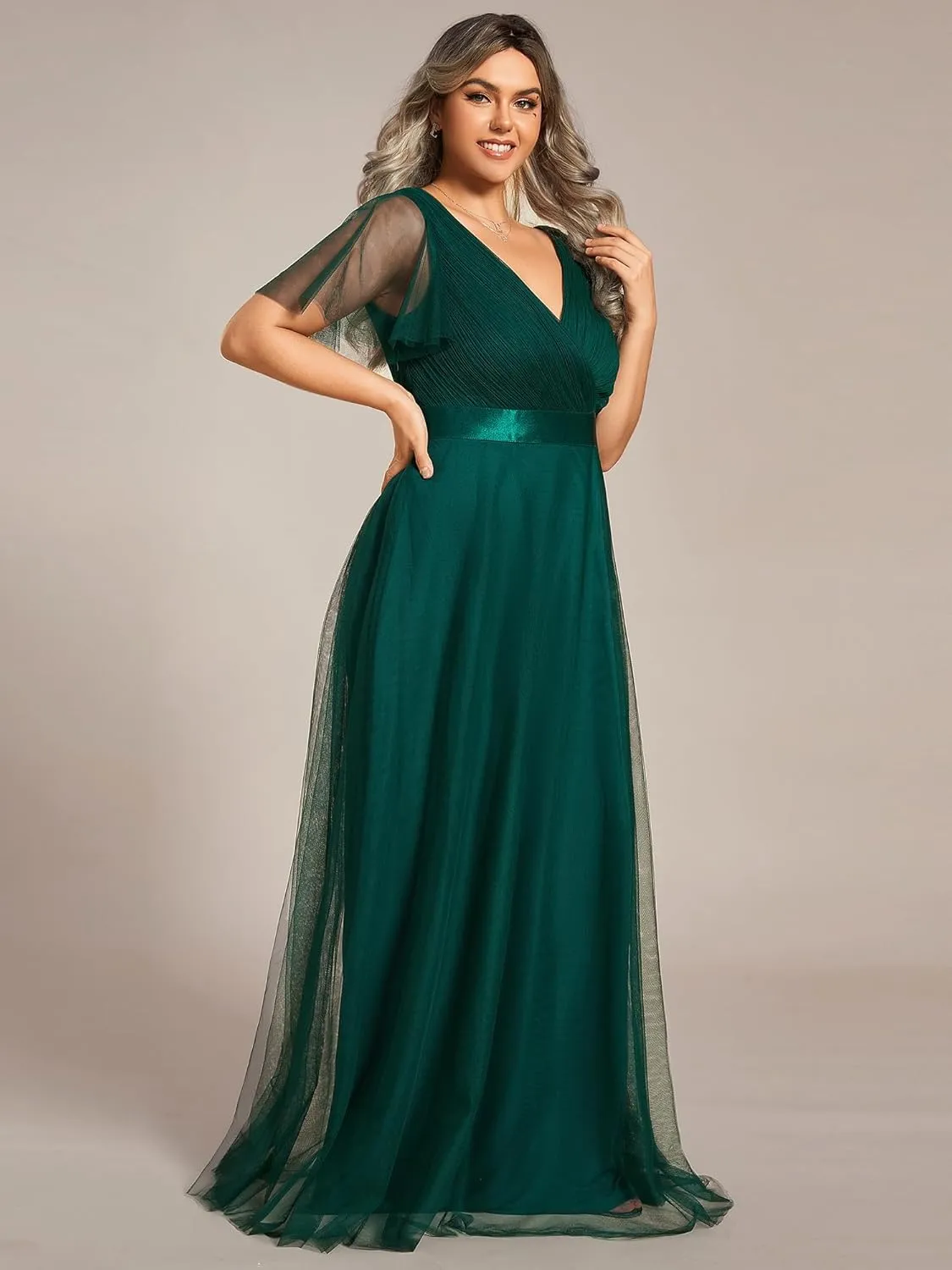 Ever-Pretty Women's Double V-Neck Empire Waist Front Wrap Plus Size Evening Dress 07962