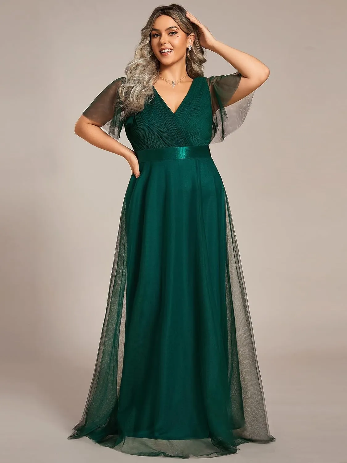 Ever-Pretty Women's Double V-Neck Empire Waist Front Wrap Plus Size Evening Dress 07962