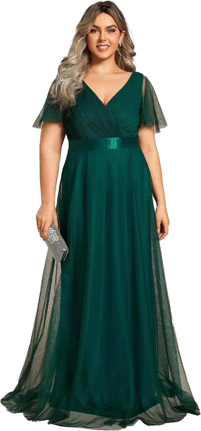 Ever-Pretty Women's Double V-Neck Empire Waist Front Wrap Plus Size Evening Dress 07962