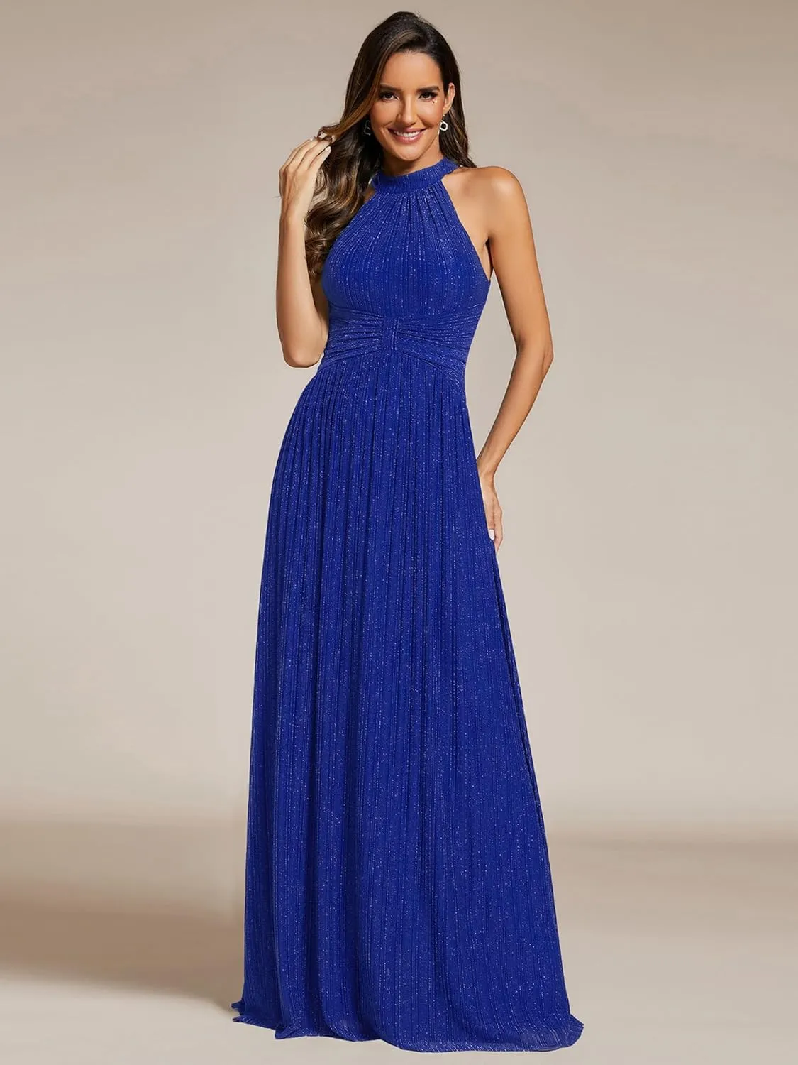 Ever-Pretty Women's Halter Neck Summer Formal Dresses Sleeveless Pletaed Floor Length Glitter Evening Dresses 41961