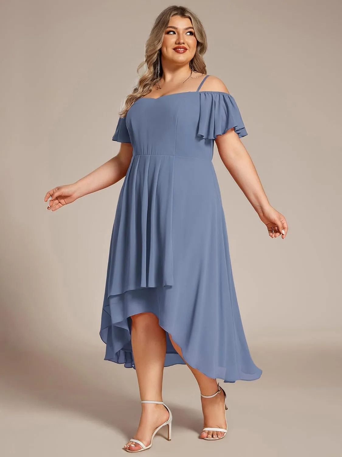 Ever-Pretty Women's Plus Size Ruffle Sleeves Off Shoulder Empire Waist A Line Chiffon Summer Wedding Guest Dress 02103-DA