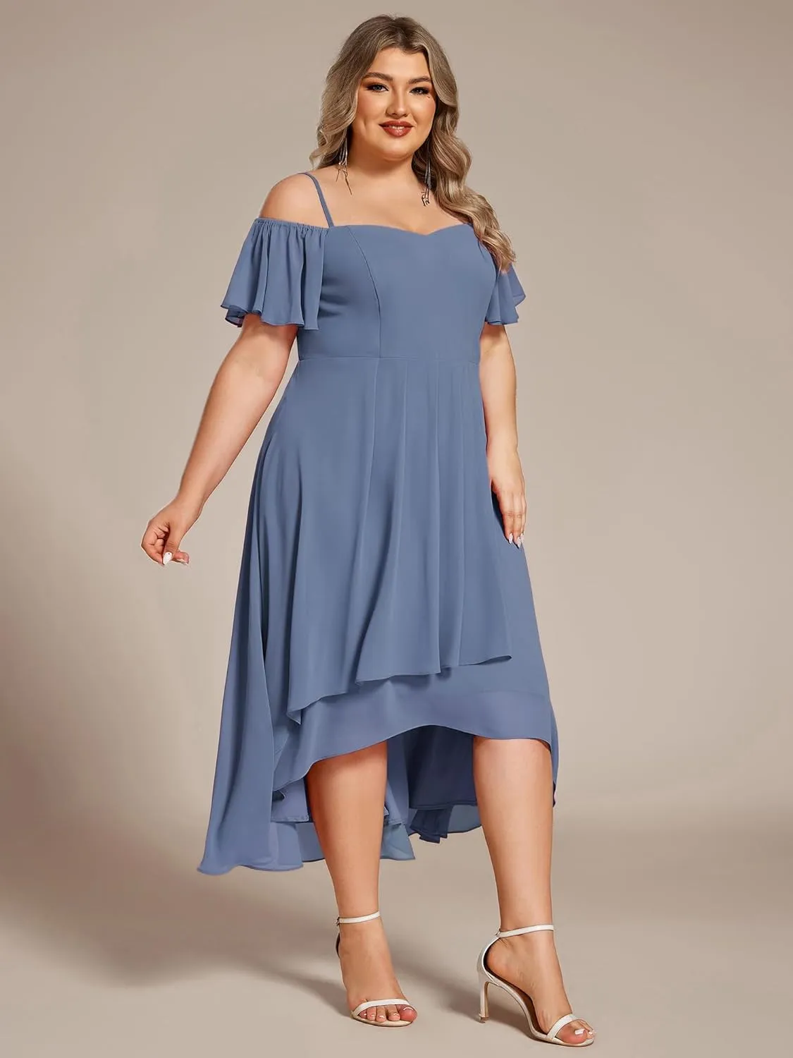 Ever-Pretty Women's Plus Size Ruffle Sleeves Off Shoulder Empire Waist A Line Chiffon Summer Wedding Guest Dress 02103-DA