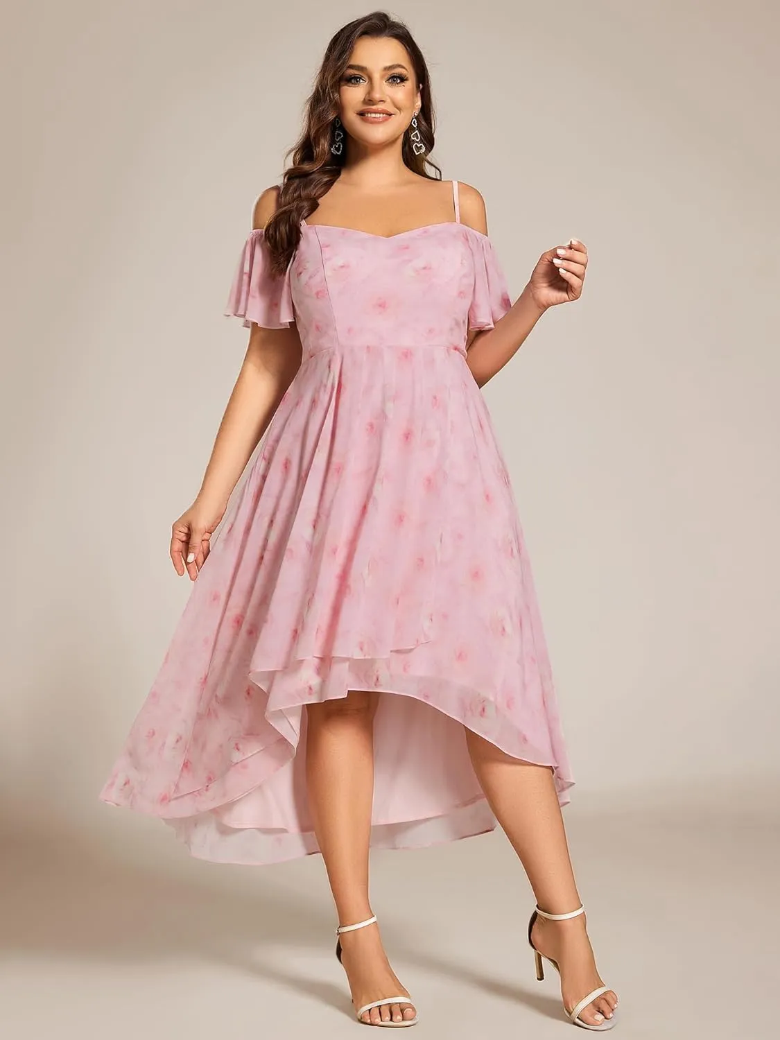 Ever-Pretty Women's Plus Size Ruffle Sleeves Off Shoulder Empire Waist A Line Chiffon Summer Wedding Guest Dress 02103-DA