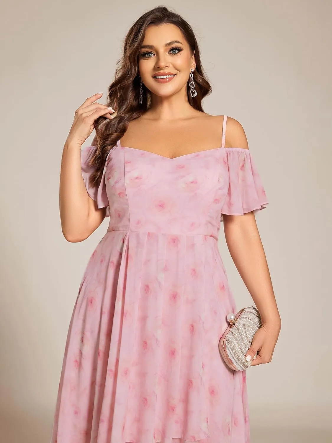Ever-Pretty Women's Plus Size Ruffle Sleeves Off Shoulder Empire Waist A Line Chiffon Summer Wedding Guest Dress 02103-DA