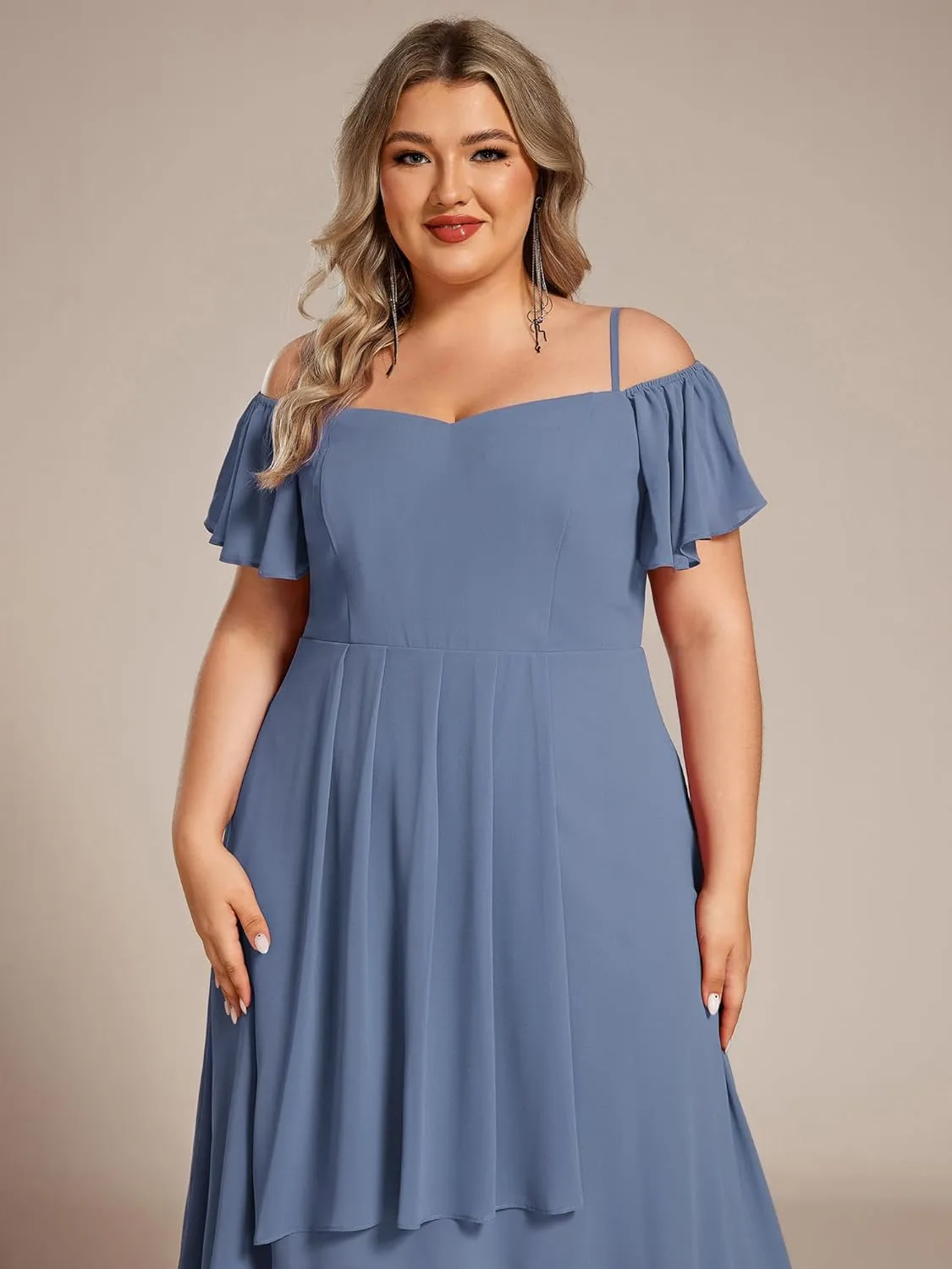 Ever-Pretty Women's Plus Size Ruffle Sleeves Off Shoulder Empire Waist A Line Chiffon Summer Wedding Guest Dress 02103-DA
