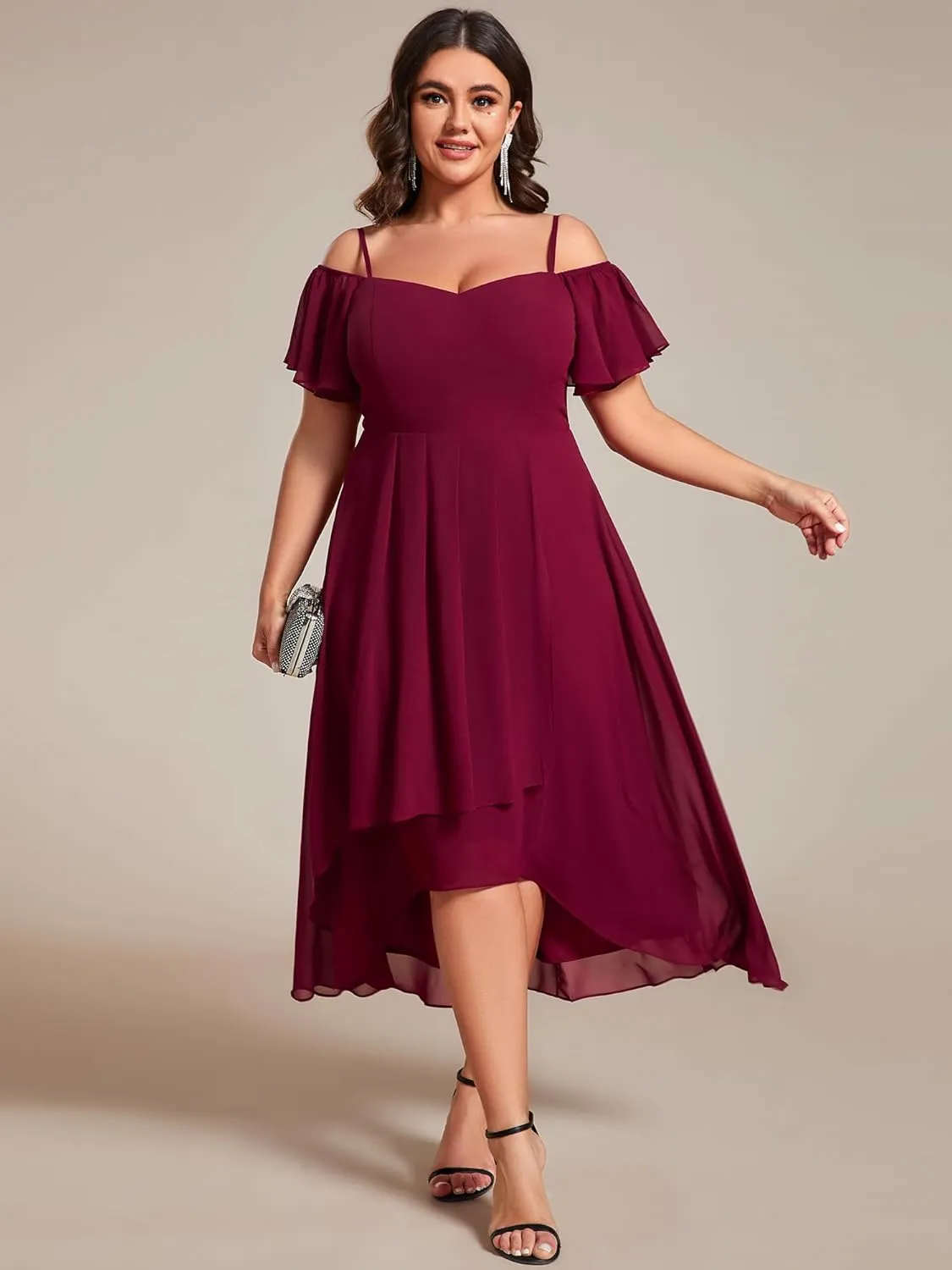 Ever-Pretty Women's Plus Size Ruffle Sleeves Off Shoulder Empire Waist A Line Chiffon Summer Wedding Guest Dress 02103-DA