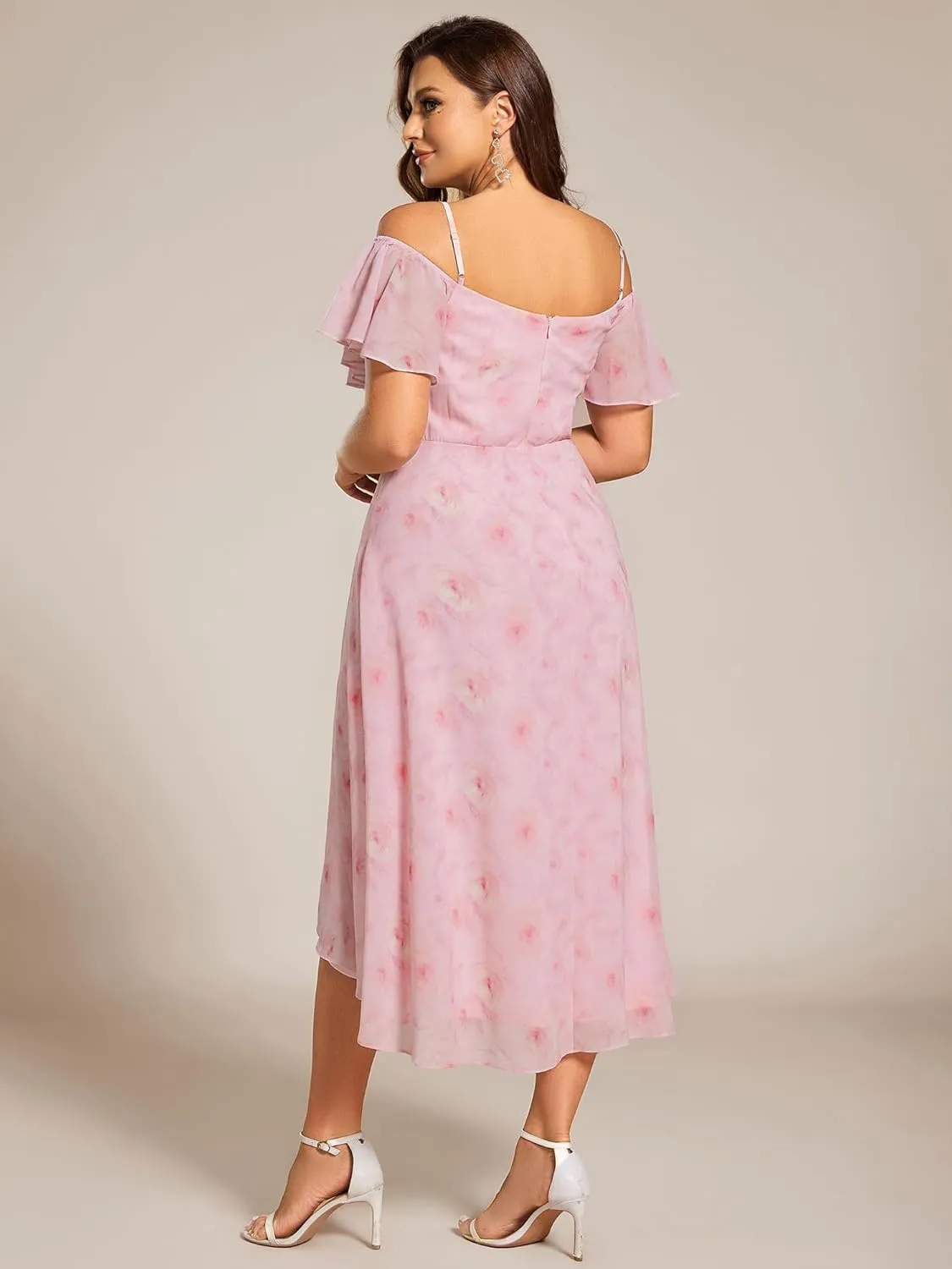 Ever-Pretty Women's Plus Size Ruffle Sleeves Off Shoulder Empire Waist A Line Chiffon Summer Wedding Guest Dress 02103-DA