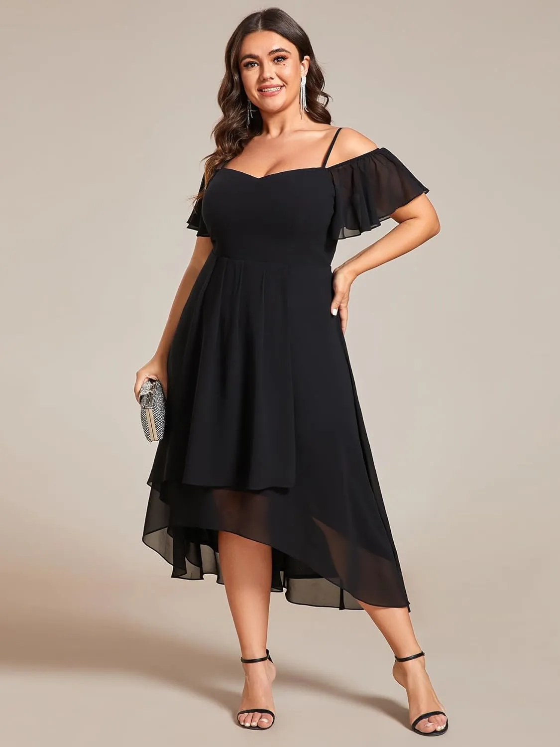 Ever-Pretty Women's Plus Size Ruffle Sleeves Off Shoulder Empire Waist A Line Chiffon Summer Wedding Guest Dress 02103-DA