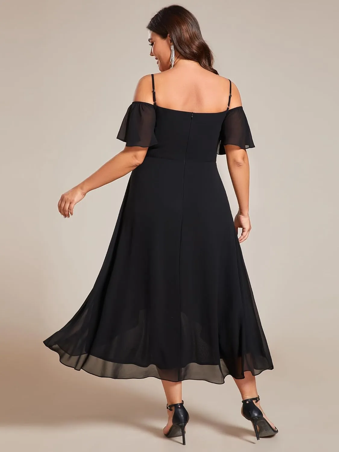 Ever-Pretty Women's Plus Size Ruffle Sleeves Off Shoulder Empire Waist A Line Chiffon Summer Wedding Guest Dress 02103-DA
