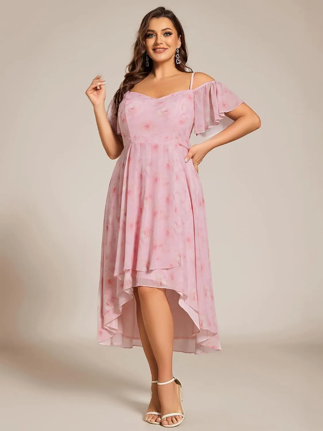 Ever-Pretty Women's Plus Size Ruffle Sleeves Off Shoulder Empire Waist A Line Chiffon Summer Wedding Guest Dress 02103-DA
