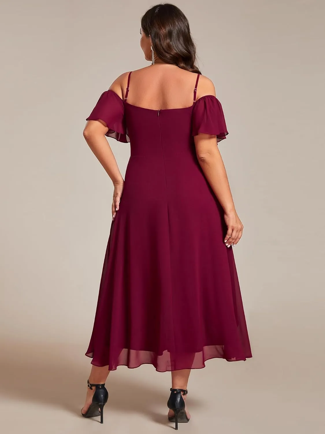 Ever-Pretty Women's Plus Size Ruffle Sleeves Off Shoulder Empire Waist A Line Chiffon Summer Wedding Guest Dress 02103-DA