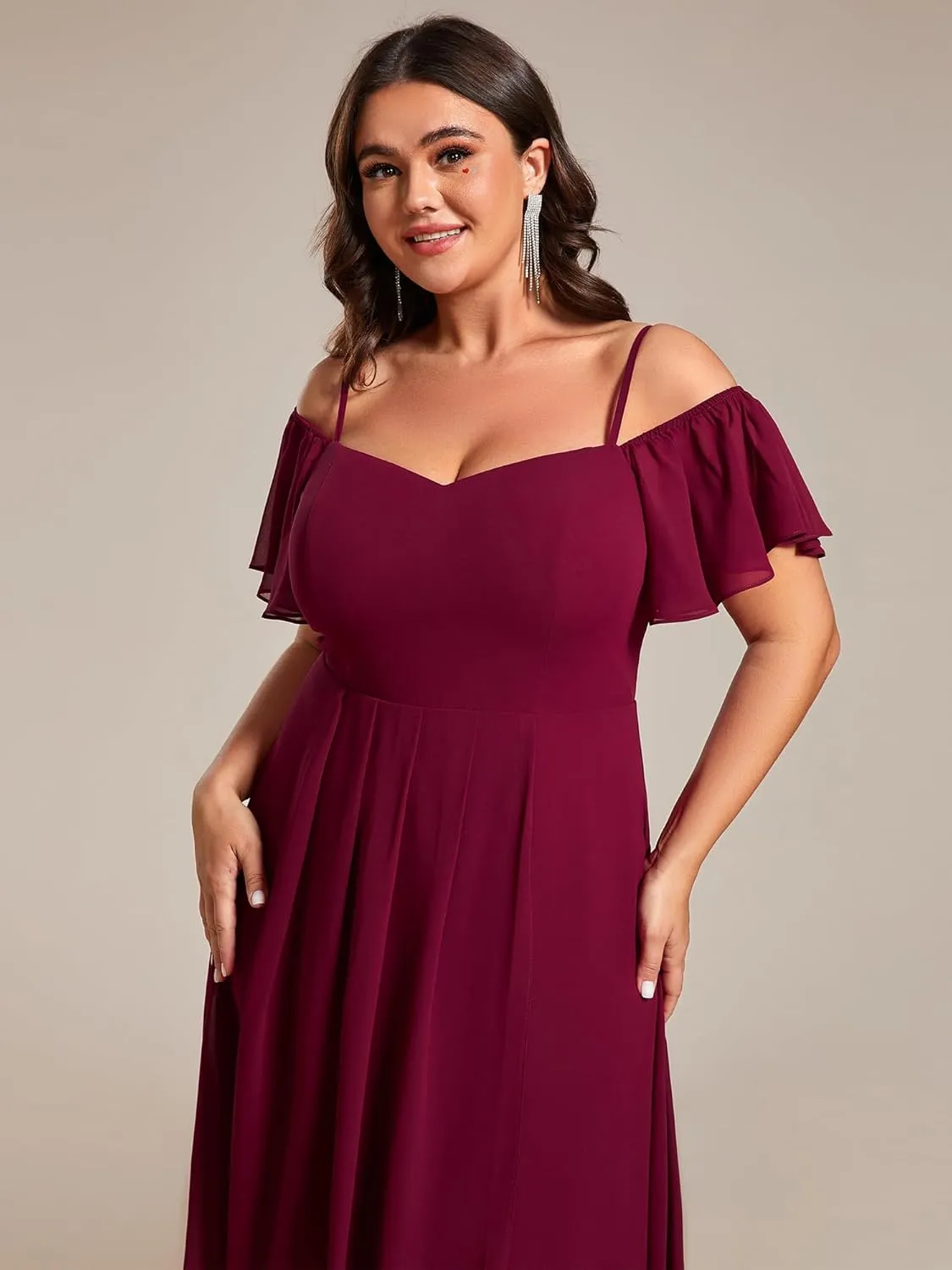 Ever-Pretty Women's Plus Size Ruffle Sleeves Off Shoulder Empire Waist A Line Chiffon Summer Wedding Guest Dress 02103-DA