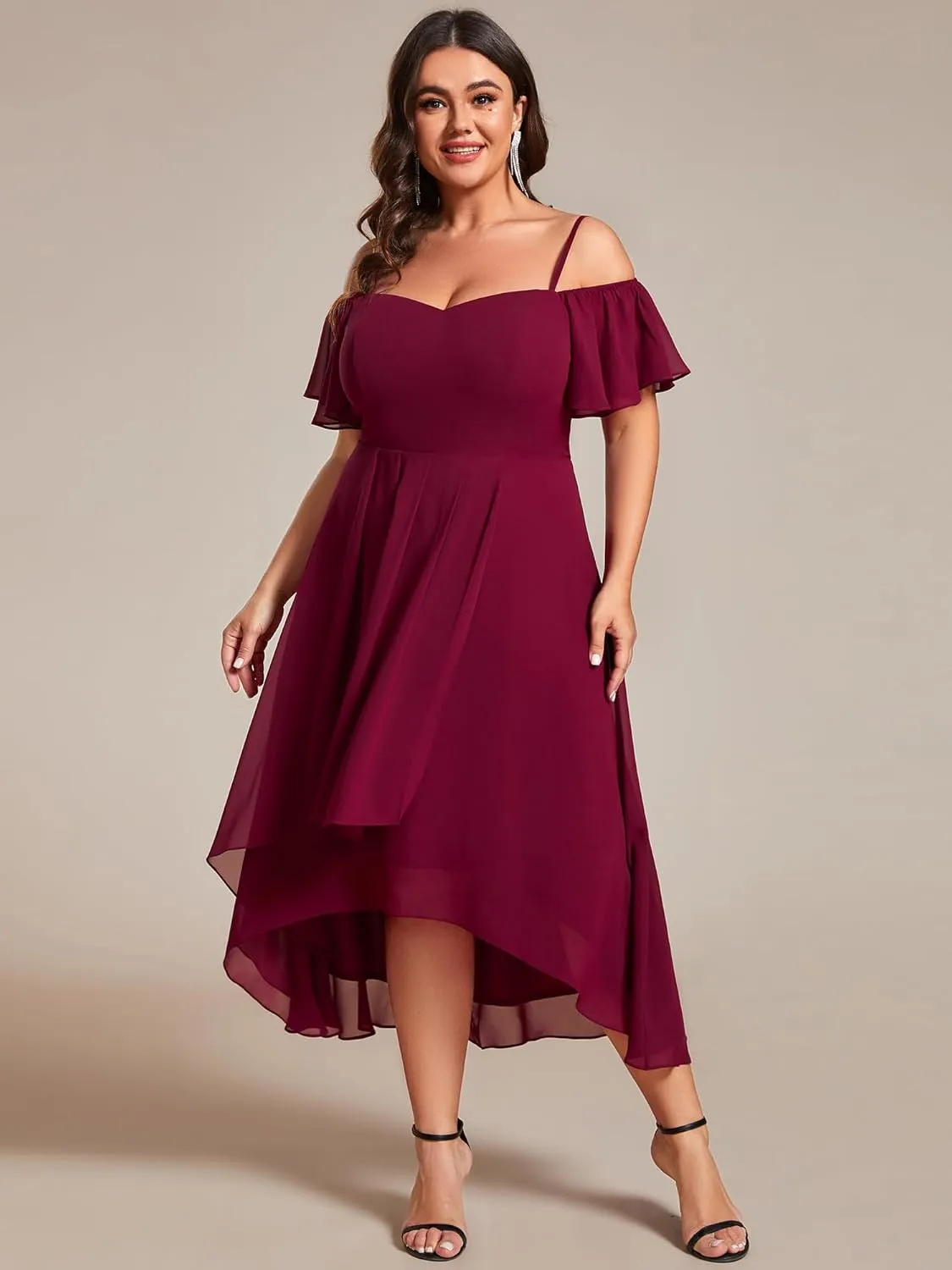 Ever-Pretty Women's Plus Size Ruffle Sleeves Off Shoulder Empire Waist A Line Chiffon Summer Wedding Guest Dress 02103-DA
