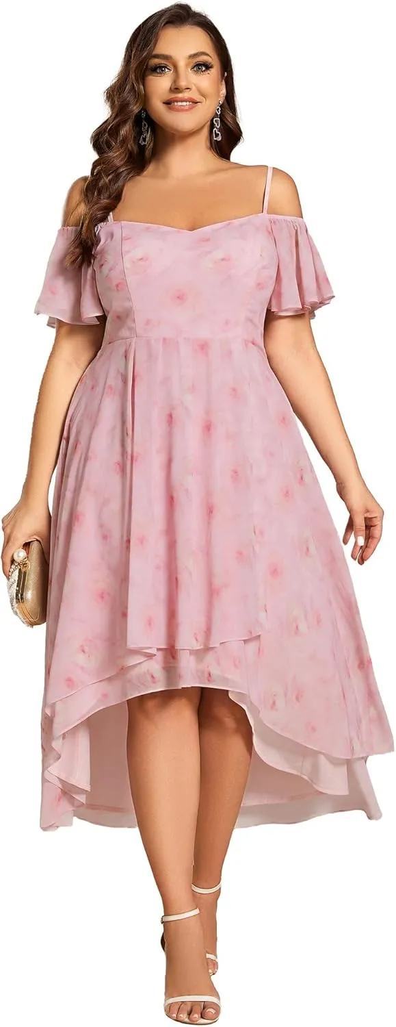Ever-Pretty Women's Plus Size Ruffle Sleeves Off Shoulder Empire Waist A Line Chiffon Summer Wedding Guest Dress 02103-DA
