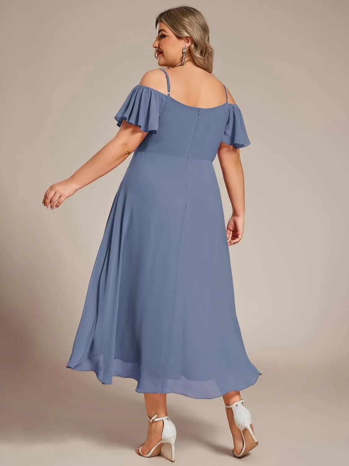Ever-Pretty Women's Plus Size Ruffle Sleeves Off Shoulder Empire Waist A Line Chiffon Summer Wedding Guest Dress 02103-DA