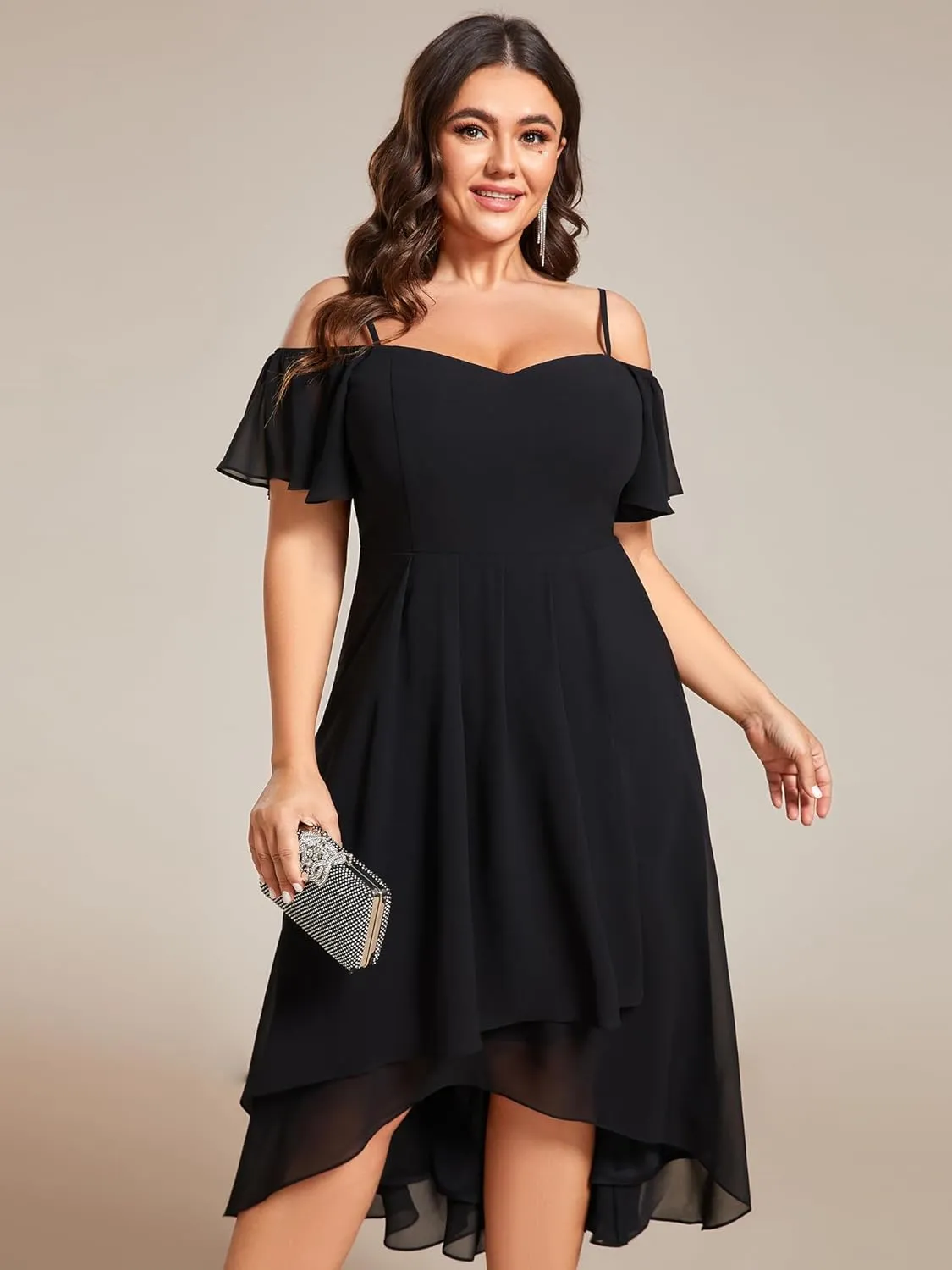 Ever-Pretty Women's Plus Size Ruffle Sleeves Off Shoulder Empire Waist A Line Chiffon Summer Wedding Guest Dress 02103-DA
