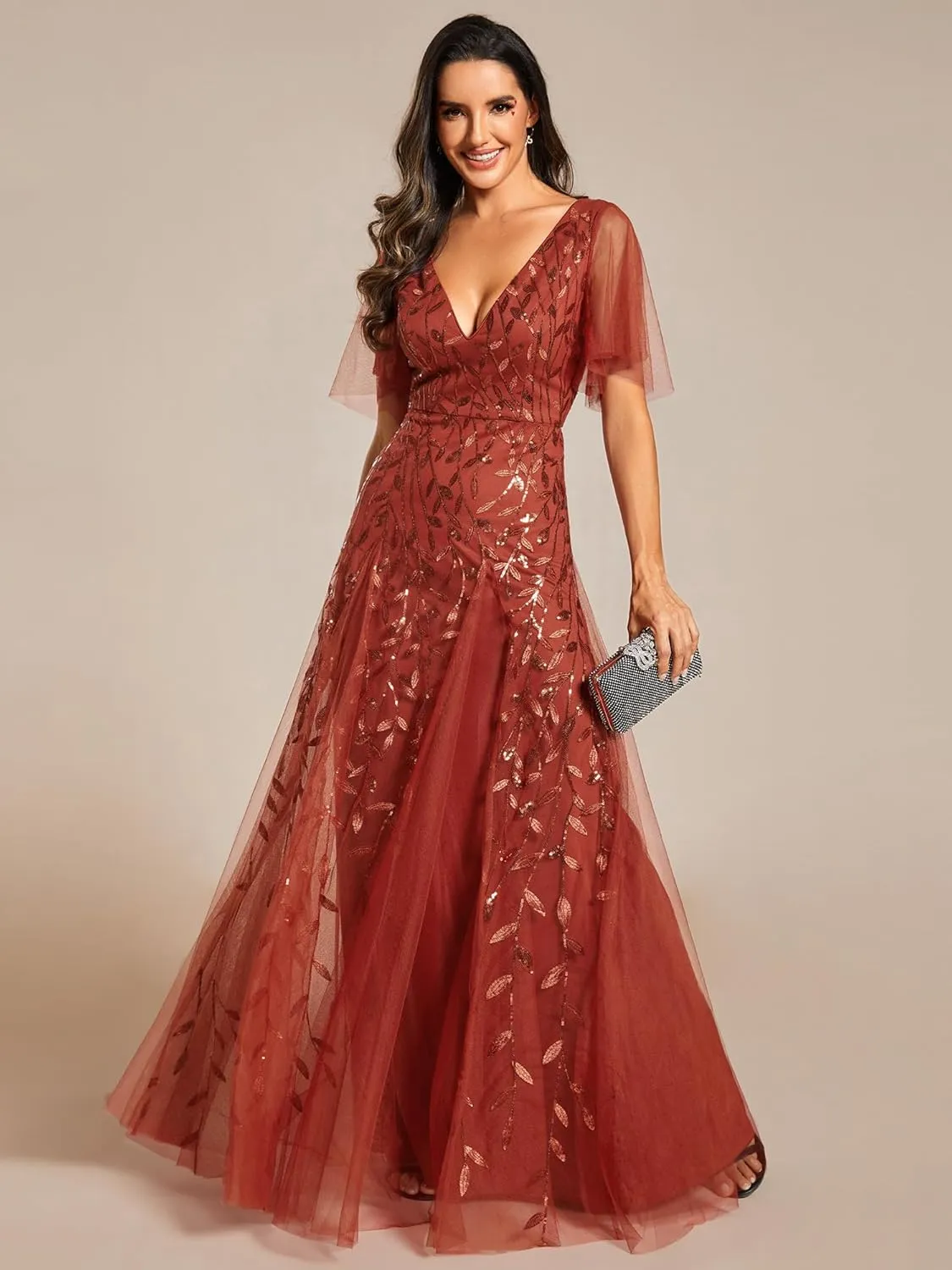 Ever-Pretty Women's Sequin Sparkly V-Neck Short Sleeve Maxi Evening Dress 00734