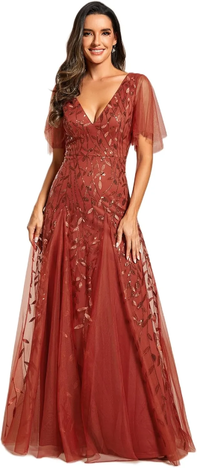 Ever-Pretty Women's Sequin Sparkly V-Neck Short Sleeve Maxi Evening Dress 00734