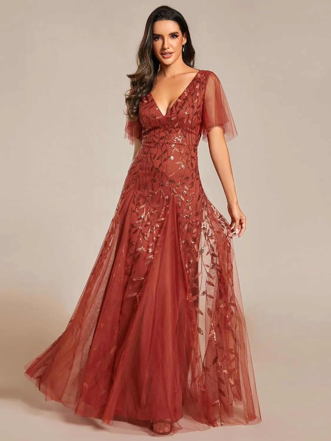Ever-Pretty Women's Sequin Sparkly V-Neck Short Sleeve Maxi Evening Dress 00734