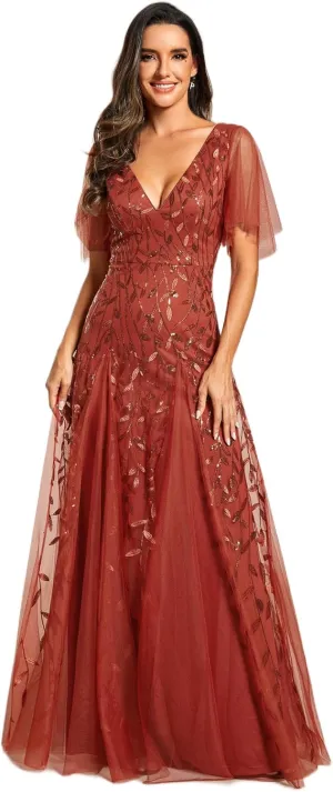 Ever-Pretty Women's Sequin Sparkly V-Neck Short Sleeve Maxi Evening Dress 00734