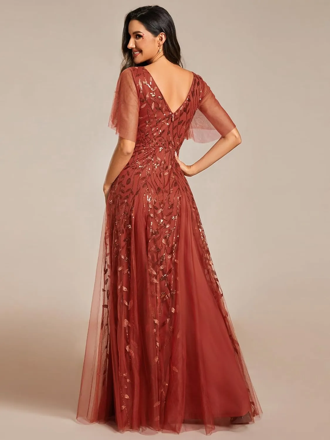 Ever-Pretty Women's Sequin Sparkly V-Neck Short Sleeve Maxi Evening Dress 00734