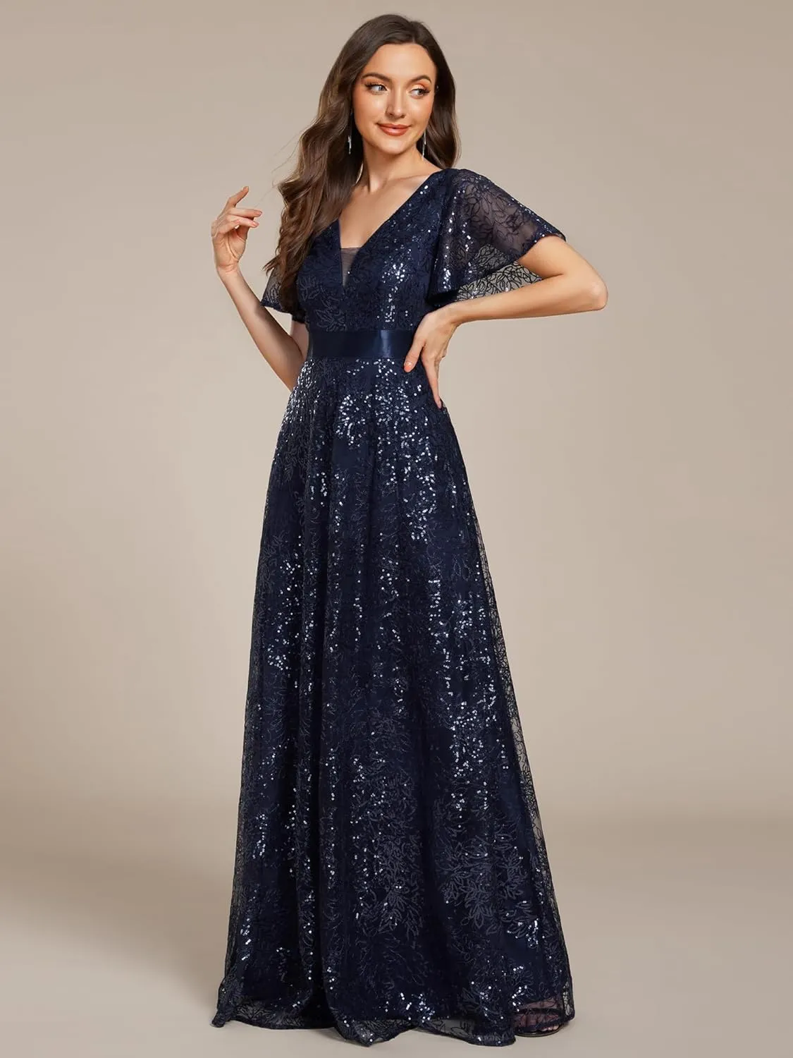 Ever-Pretty Women's V-Neck Sequin Embroidered Short Sleeve Floor-Length A-Line Empire Waist Evening Dresses 02314