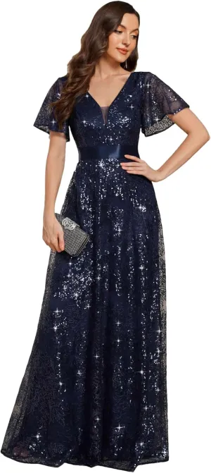 Ever-Pretty Women's V-Neck Sequin Embroidered Short Sleeve Floor-Length A-Line Empire Waist Evening Dresses 02314