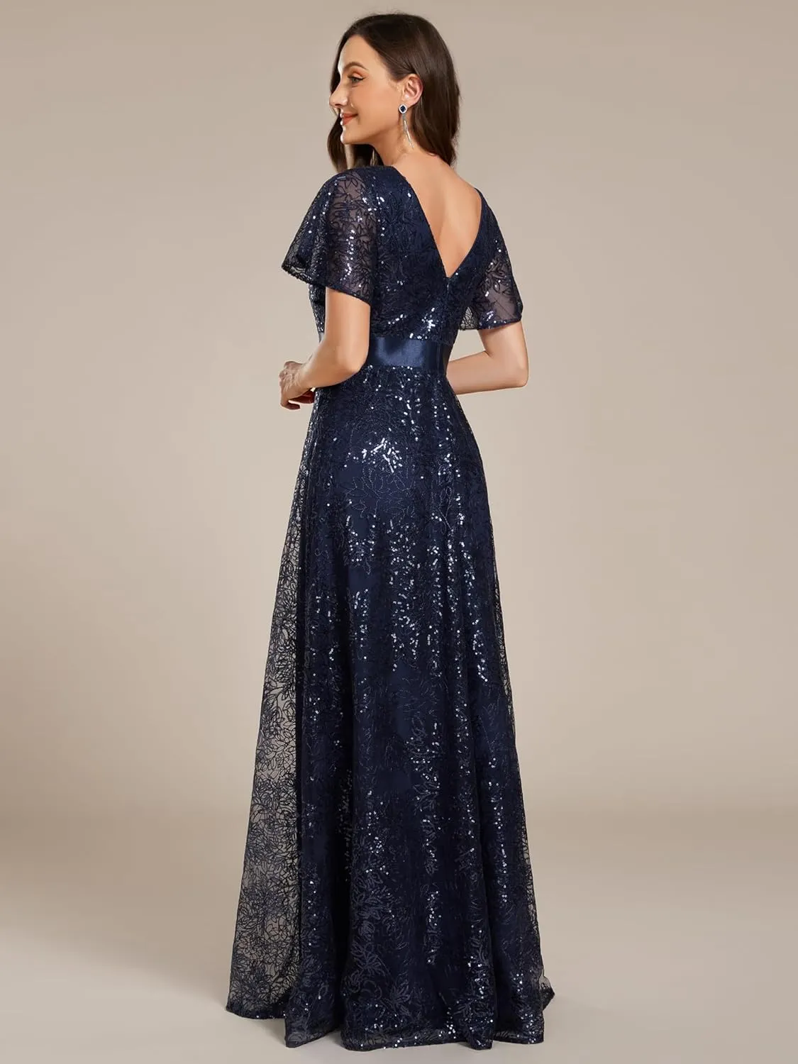 Ever-Pretty Women's V-Neck Sequin Embroidered Short Sleeve Floor-Length A-Line Empire Waist Evening Dresses 02314