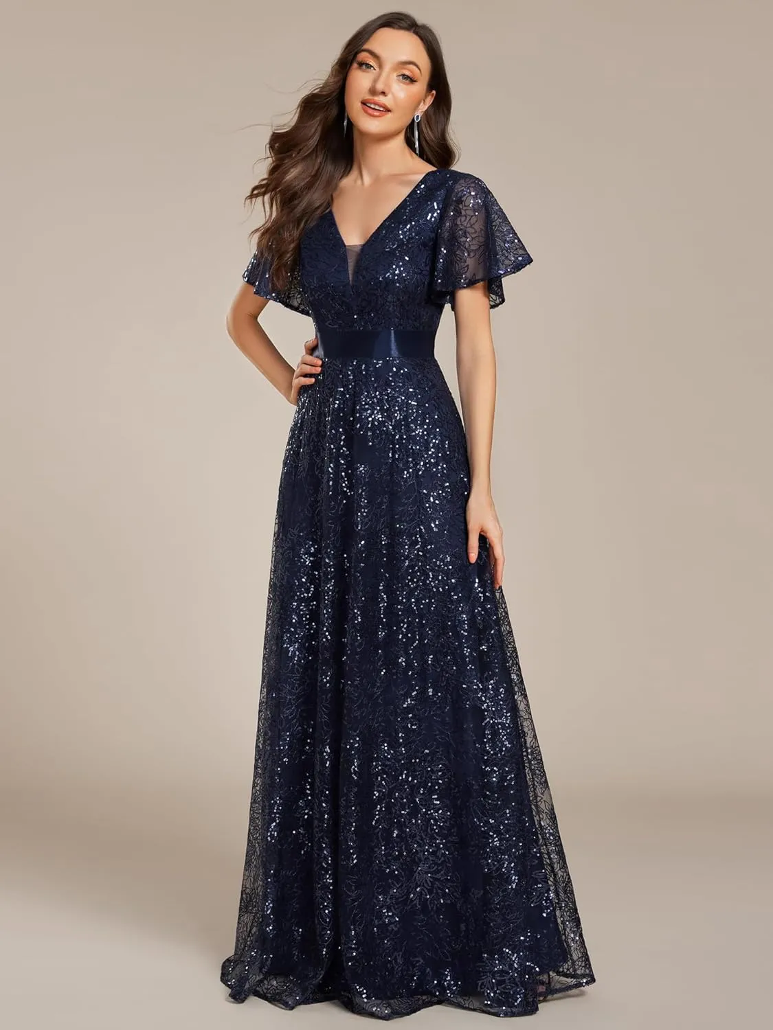 Ever-Pretty Women's V-Neck Sequin Embroidered Short Sleeve Floor-Length A-Line Empire Waist Evening Dresses 02314