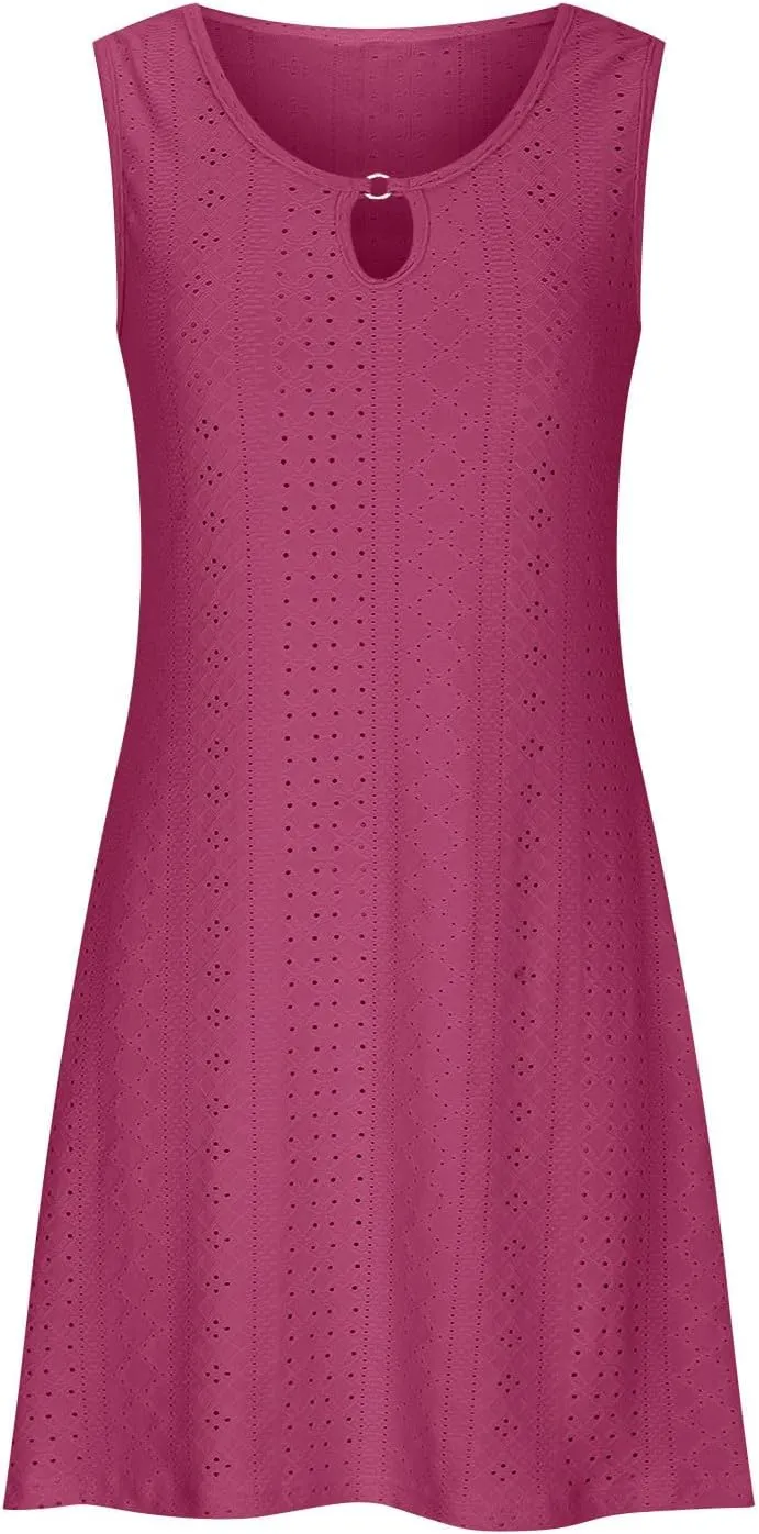 Eyelet Mini Dress for Women Sundresses Plus Size Summer Beach Dresses Cover Ups Sexy Sleeveless Tank Dress