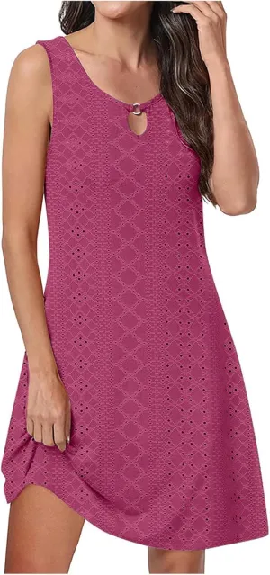 Eyelet Mini Dress for Women Sundresses Plus Size Summer Beach Dresses Cover Ups Sexy Sleeveless Tank Dress