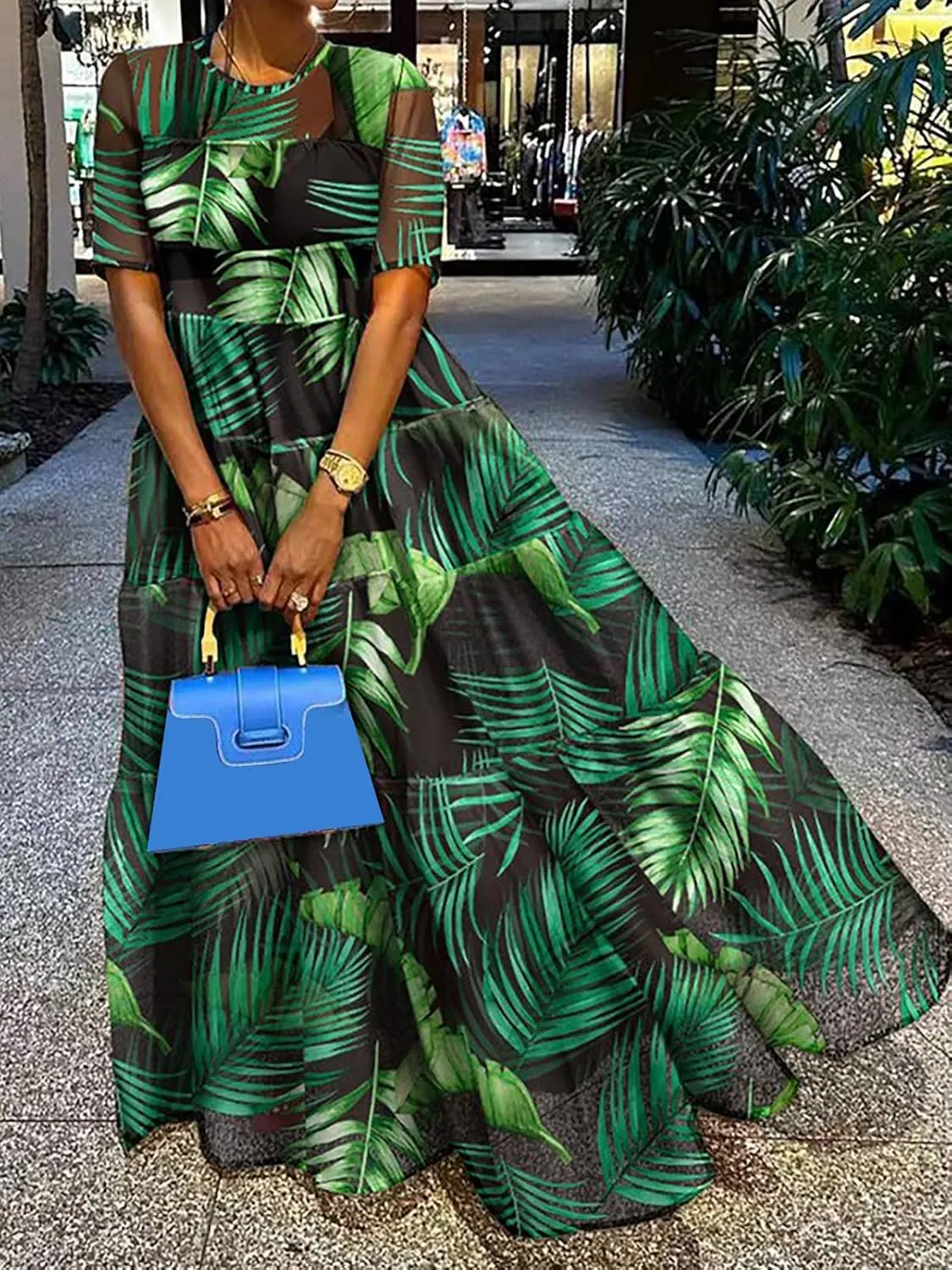 Famnbro Women's Printed Mesh Sheer Maxi Dress Summer Short Sleeve Crew Neck Flowy Swing Long Dresses