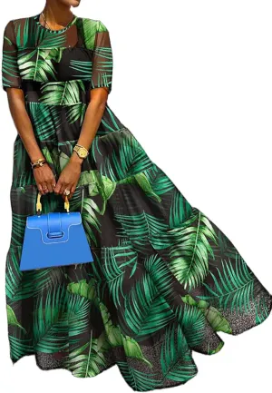 Famnbro Women's Printed Mesh Sheer Maxi Dress Summer Short Sleeve Crew Neck Flowy Swing Long Dresses