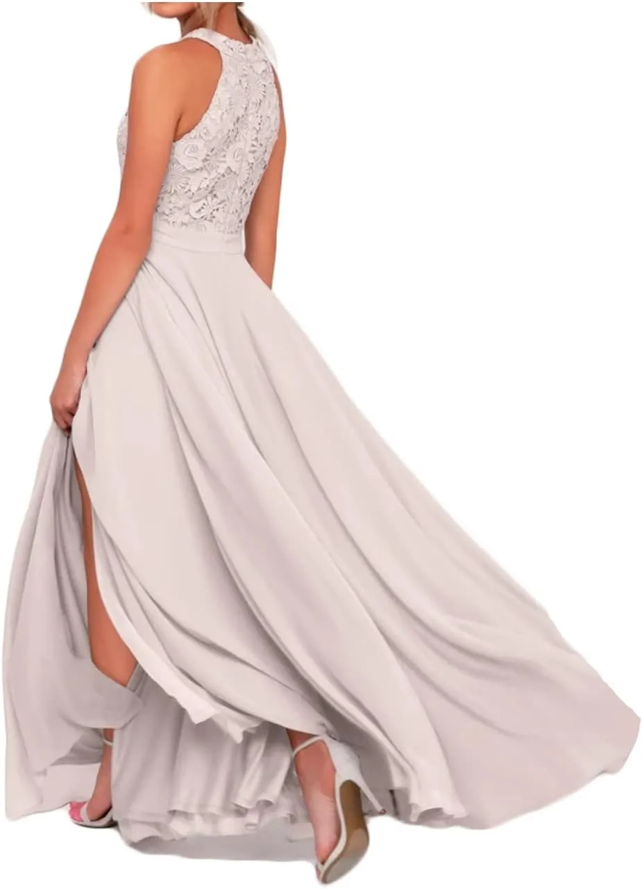 Fanciest Halter Top Lace Prom Dresses with Split Long 2024 Chiffon Bridesmaid Dress for Women Junior Party Dress