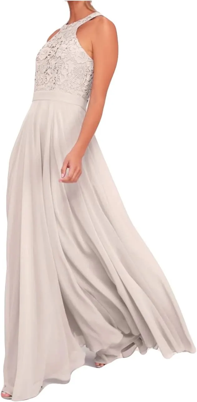 Fanciest Halter Top Lace Prom Dresses with Split Long 2024 Chiffon Bridesmaid Dress for Women Junior Party Dress