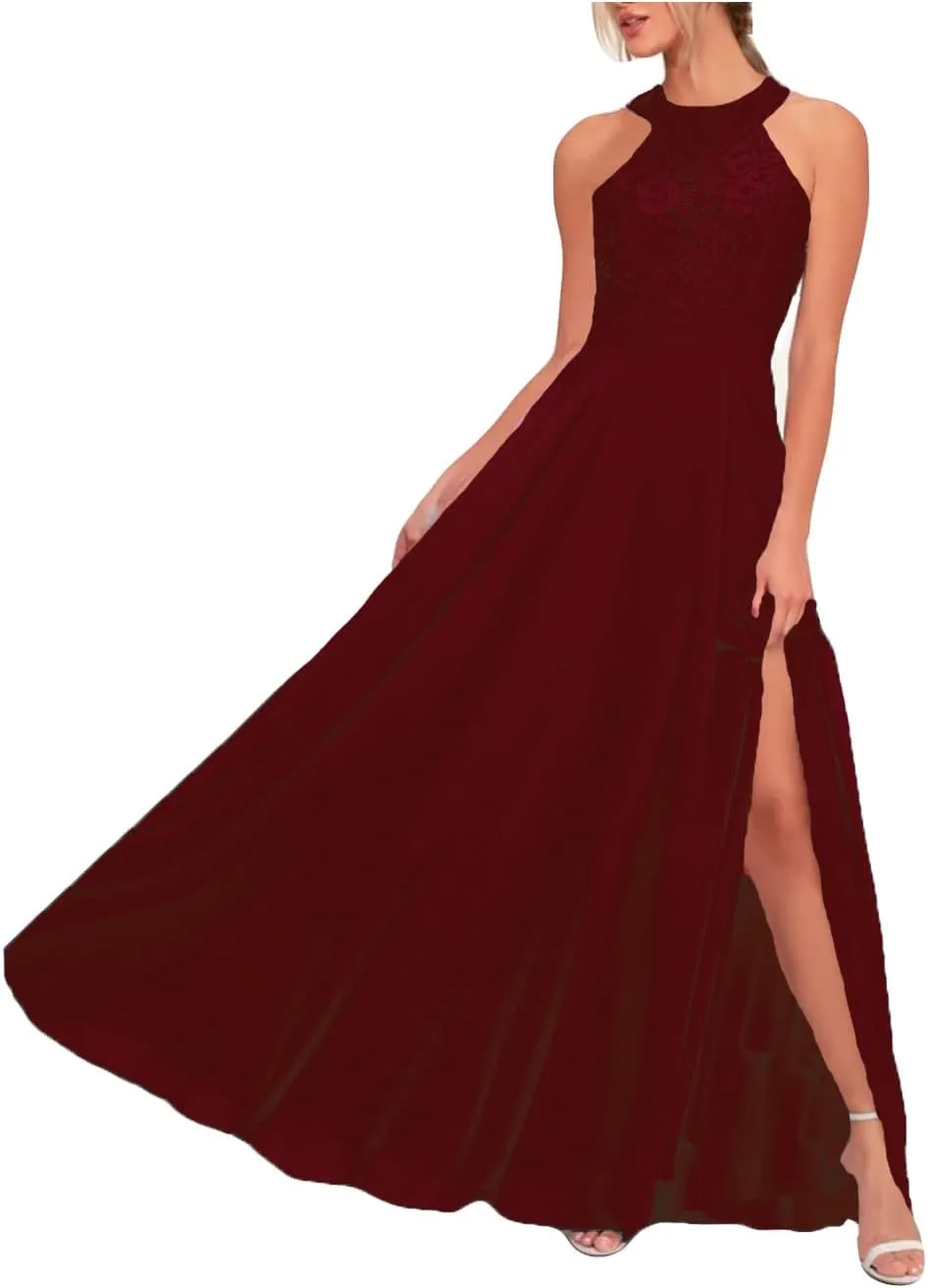 Fanciest Halter Top Lace Prom Dresses with Split Long 2024 Chiffon Bridesmaid Dress for Women Junior Party Dress