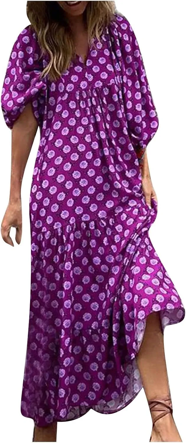 fanmpghleoo Maxi Dresses for Women 2025 Boho Beach Flowy Midi Dress Half Puff Sleeve Tiered Tea Party Wedding Guest Dress